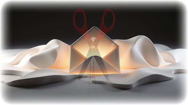 Scissors superimposed over an envelope with dotted lines depicting email list segmentation for an email marketing campaign