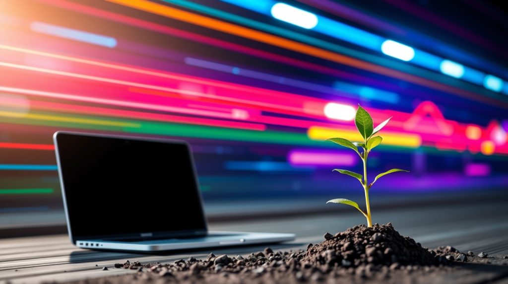 Dynamic motion image, electric vivid colors, blurred lines, action poses. Affiliate Marketing for Beginners laptop, seedling, clear path. Encouraging, simple, accessible, energetic feeling