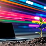Dynamic motion image, electric vivid colors, blurred lines, action poses. Affiliate Marketing for Beginners laptop, seedling, clear path. Encouraging, simple, accessible, energetic feeling